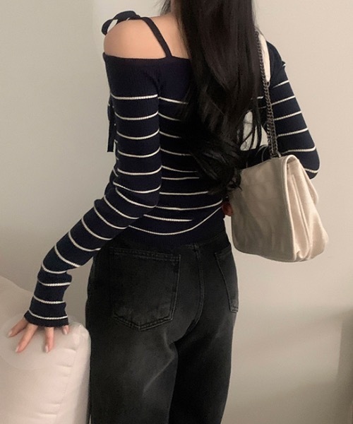 Teem Store(チームストア)の「リボンワンショルボーダーニット(ニット/セーター・レディース・ネイビー/ピンク/ブルー/ホワイト・F)」の13枚目の写真