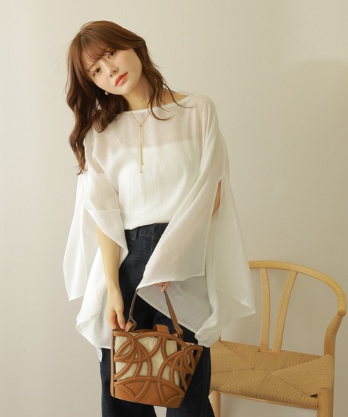 slit sleeve sheer tops /シアー 5分袖 ポンチョ スリット