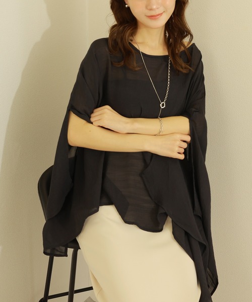 スリットスリーブトップ slit sleeve sheer tops /シアー 5分袖 ポンチョ スリット