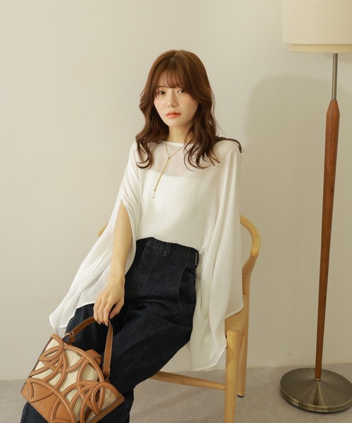 slit sleeve sheer tops /シアー 5分袖 ポンチョ スリット