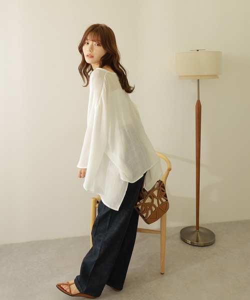 トップス Sheer Slit Sleeve P/O slit sleeve sheer tops /シアー 5分袖 ポンチョ スリット