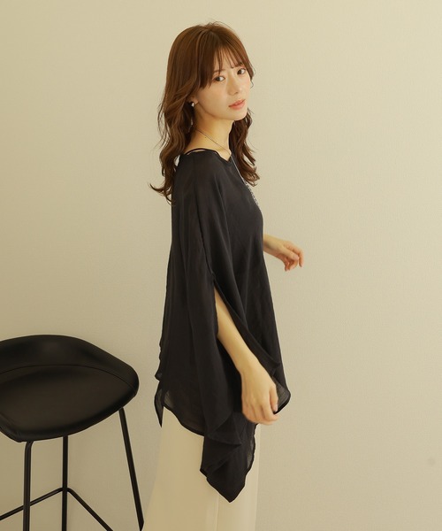 slit sleeve sheer tops /シアー 5分袖 ポンチョ スリット