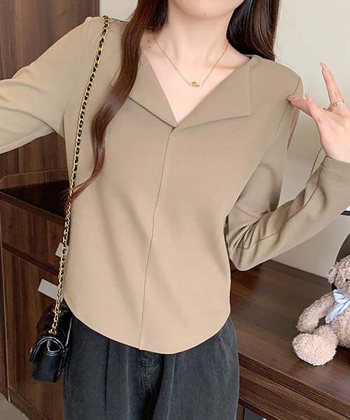 Girly Doll(ガーリードール)の「オープンカラープルオーバー(Tシャツ/カットソー・レディース・ピンク/グレー/ブラウン/ベージュ/レッド/ブラック・L/XL)」の3枚目の写真