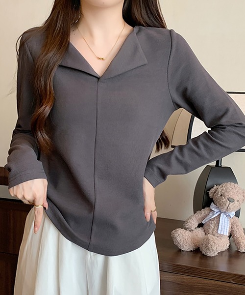 Girly Doll(ガーリードール)の「オープンカラープルオーバー(Tシャツ/カットソー・レディース・ピンク/グレー/ブラウン/ベージュ/レッド/ブラック・L/XL)」の1枚目の写真