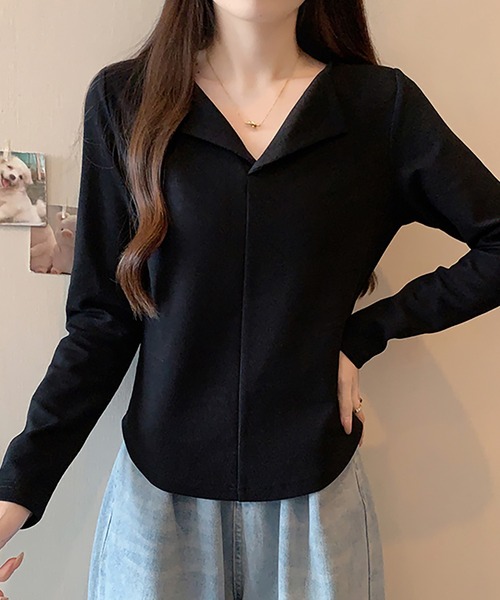 Girly Doll(ガーリードール)の「オープンカラープルオーバー(Tシャツ/カットソー・レディース・ピンク/グレー/ブラウン/ベージュ/レッド/ブラック・L/XL)」の2枚目の写真