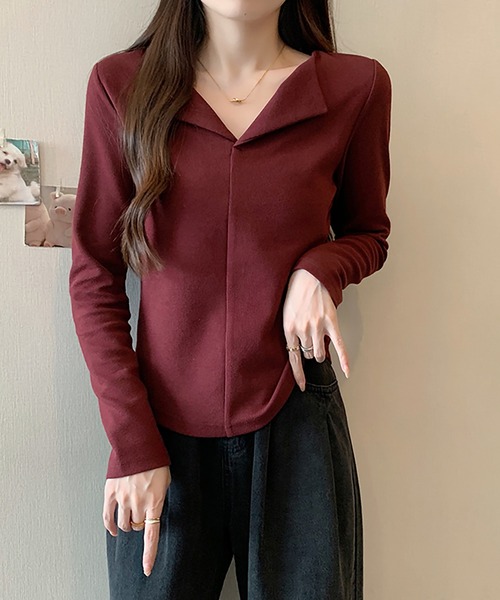 Girly Doll(ガーリードール)の「オープンカラープルオーバー(Tシャツ/カットソー・レディース・ピンク/グレー/ブラウン/ベージュ/レッド/ブラック・L/XL)」の12枚目の写真