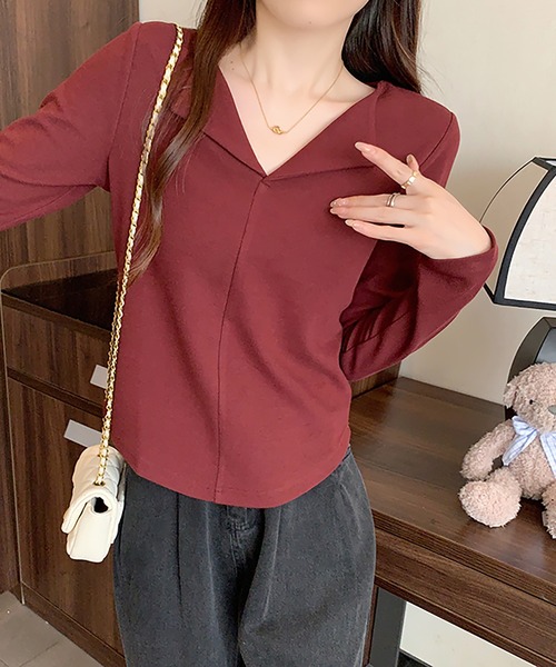 Girly Doll(ガーリードール)の「オープンカラープルオーバー(Tシャツ/カットソー・レディース・ピンク/グレー/ブラウン/ベージュ/レッド/ブラック・L/XL)」の13枚目の写真