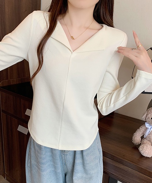 Girly Doll(ガーリードール)の「オープンカラープルオーバー(Tシャツ/カットソー・レディース・ピンク/グレー/ブラウン/ベージュ/レッド/ブラック・L/XL)」の7枚目の写真