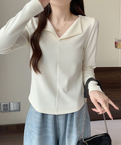 Girly Doll(ガーリードール)の「オープンカラープルオーバー(Tシャツ/カットソー・レディース・ピンク/グレー/ブラウン/ベージュ/レッド/ブラック・L/XL)」の9枚目の写真