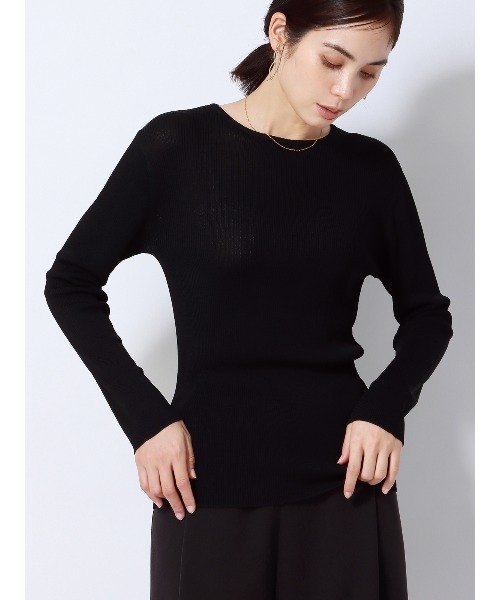 SUIT SQUARE(スーツスクエア)の「クルーネックシアーリブニット 長袖 ハンドウォッシュ レーヨンナイロン 無地(Tシャツ/カットソー・レディース・ホワイト系/ブラック系・38(9号))」の1枚目の写真
