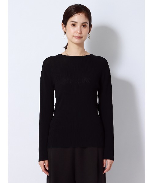 SUIT SQUARE(スーツスクエア)の「クルーネックシアーリブニット 長袖 ハンドウォッシュ レーヨンナイロン 無地(Tシャツ/カットソー・レディース・ホワイト系/ブラック系・38(9号))」の4枚目の写真