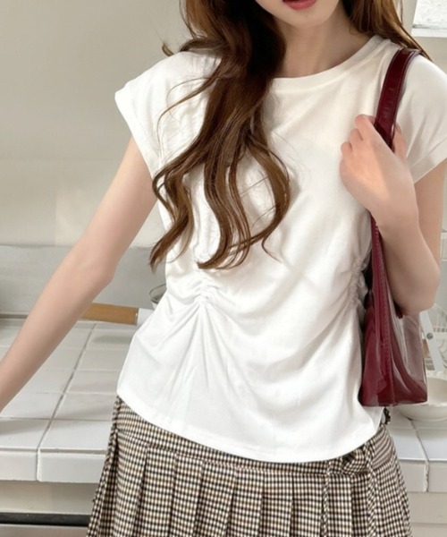 tシャツ フロントギャザーフレンチスリーブカットソー レディース セール】フロント ギャザー ドロスト フレンチスリーブ Tシャツ