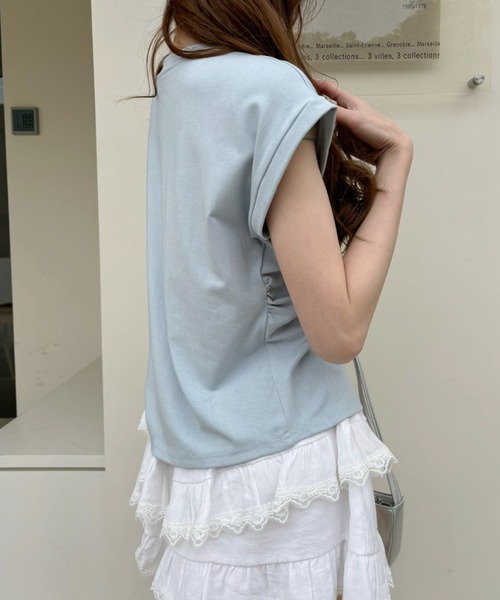tシャツ フロントギャザーフレンチスリーブカットソー レディース セール】フロント ギャザー ドロスト フレンチスリーブ Tシャツ