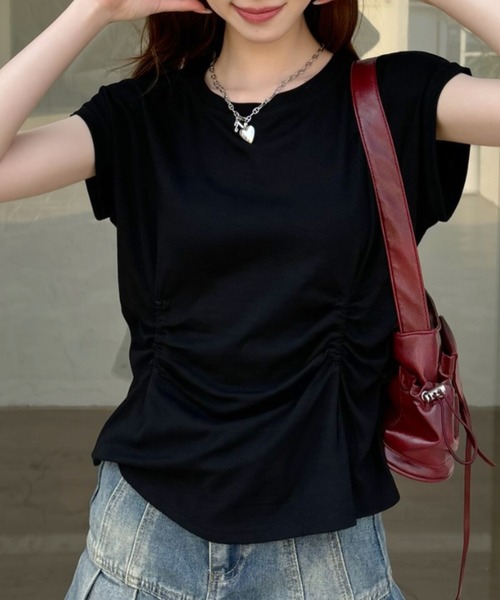 Ada.(エイダ)の「フロント ギャザー ドロスト フレンチスリーブ Tシャツ(Tシャツ/カットソー・レディース・ブルー/ブラック/ホワイト/ライトグレー・FREE)」の20枚目の写真