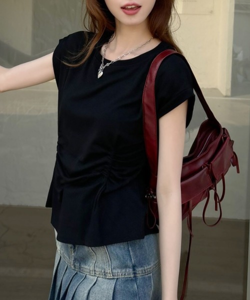 Ada.(エイダ)の「フロント ギャザー ドロスト フレンチスリーブ Tシャツ(Tシャツ/カットソー・レディース・ブルー/ブラック/ホワイト/ライトグレー・FREE)」の21枚目の写真