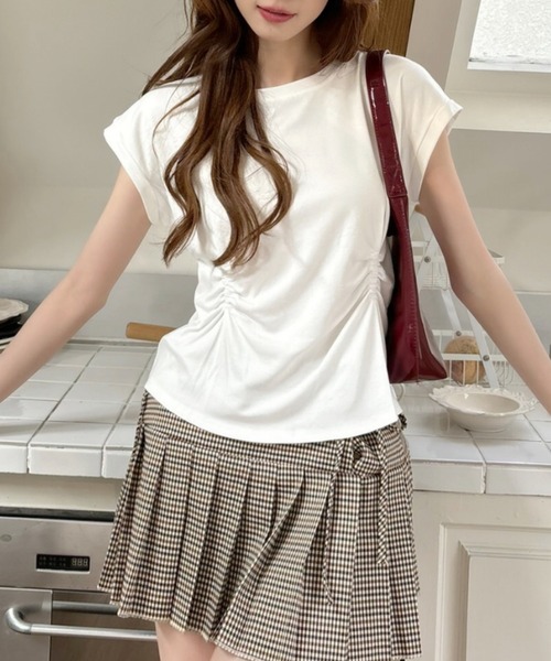 Ada.(エイダ)の「フロント ギャザー ドロスト フレンチスリーブ Tシャツ(Tシャツ/カットソー・レディース・ブルー/ブラック/ホワイト/ライトグレー・FREE)」の14枚目の写真