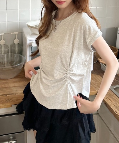 tシャツ フロントギャザーフレンチスリーブカットソー レディース セール】フロント ギャザー ドロスト フレンチスリーブ Tシャツ