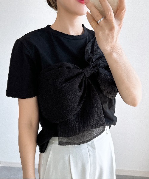 &. NOSTALGIA（アンドドットノスタルジア）の「【ZOZO限定】リボンドッキングＴシャツ（Tシャツ/カットソー・レディース・ブラック×グレー/ホワイト×ブラック/ホワイト×グレー/ブラック×ブラック・M）」の4枚目の写真