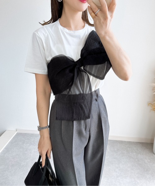 &. NOSTALGIA（アンドドットノスタルジア）の「【ZOZO限定】リボンドッキングＴシャツ（Tシャツ/カットソー・レディース・ブラック×グレー/ホワイト×ブラック/ホワイト×グレー/ブラック×ブラック・M）」の5枚目の写真