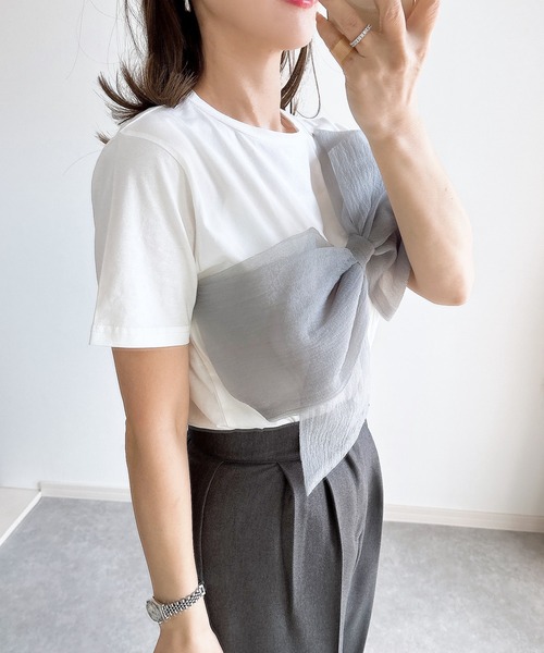 &. NOSTALGIA（アンドドットノスタルジア）の「【ZOZO限定】リボンドッキングＴシャツ（Tシャツ/カットソー・レディース・ブラック×グレー/ホワイト×ブラック/ホワイト×グレー/ブラック×ブラック・M）」の12枚目の写真