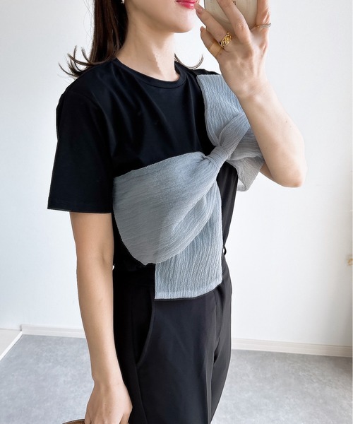 &. NOSTALGIA（アンドドットノスタルジア）の「【ZOZO限定】リボンドッキングＴシャツ（Tシャツ/カットソー・レディース・ブラック×グレー/ホワイト×ブラック/ホワイト×グレー/ブラック×ブラック・M）」の19枚目の写真