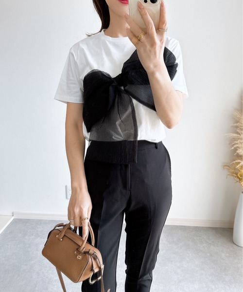 &. NOSTALGIA（アンドドットノスタルジア）の「【ZOZO限定】リボンドッキングＴシャツ（Tシャツ/カットソー・レディース・ブラック×グレー/ホワイト×ブラック/ホワイト×グレー/ブラック×ブラック・M）」の22枚目の写真