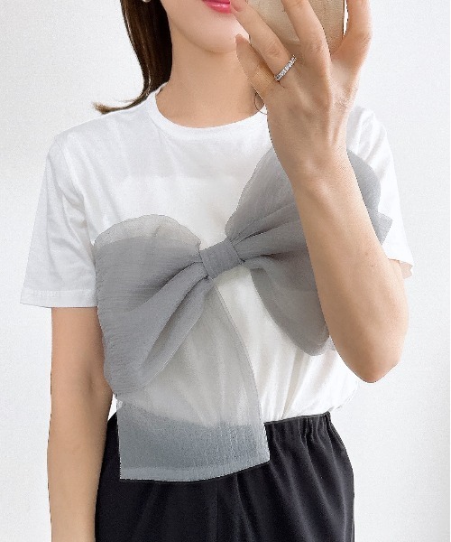 &. NOSTALGIA（アンドドットノスタルジア）の「【ZOZO限定】リボンドッキングＴシャツ（Tシャツ/カットソー・レディース・ブラック×グレー/ホワイト×ブラック/ホワイト×グレー/ブラック×ブラック・M）」の13枚目の写真