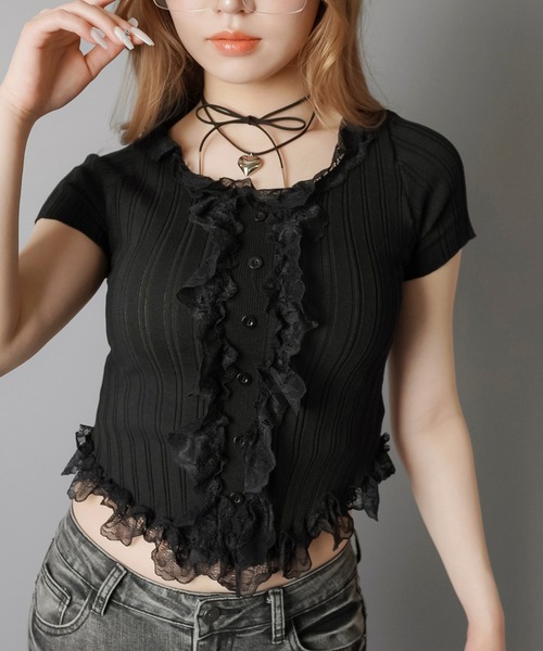 お値下げしました♡ビーズ装飾 濃紺 半袖Tシャツ フリルデザイン セール】 〈手洗い可能〉割繊 フリル デザイン ブラウス 24SS