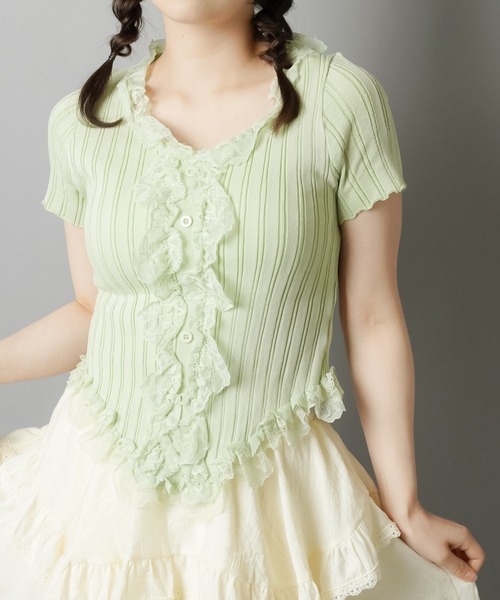 SPINNS(スピンズ)の「大人気デザインが半袖になって再登場!リブレース半袖カットソー/フリル/NEO森ガール(Tシャツ/カットソー・レディース・グリーン系その他/ピンク/オフホワイト/ブラック/アイボリー・ONESIZE)」の17枚目の写真