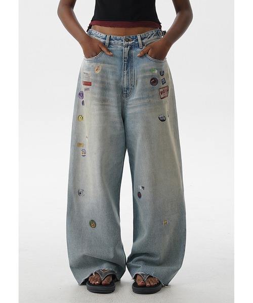 MASONPRINCE ルーズフィット ステッカープリント サイドベルト デニム ルーズフィット ステッカープリント サイドベルト付き デニムパンツ
