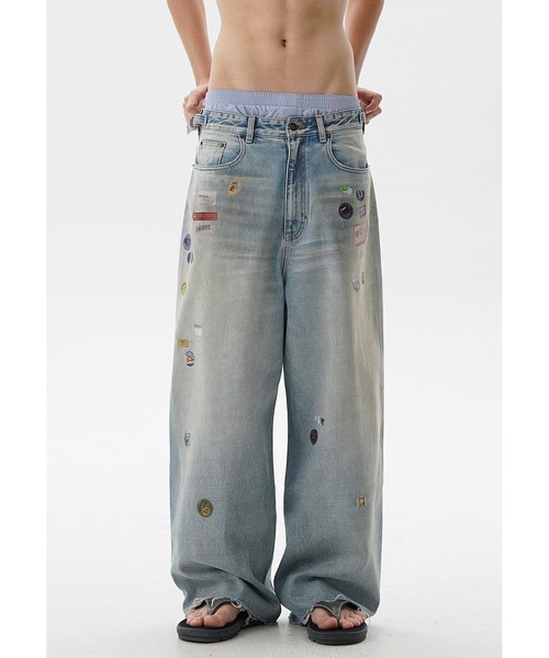MASONPRINCE ルーズフィット ステッカープリント サイドベルト デニム ルーズフィット ステッカープリント サイドベルト付き デニムパンツ