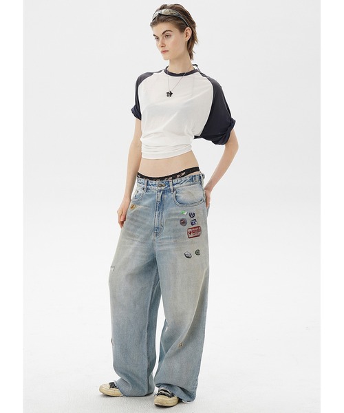 MASONPRINCE ルーズフィット ステッカープリント サイドベルト デニム ルーズフィット ステッカープリント サイドベルト付き デニムパンツ