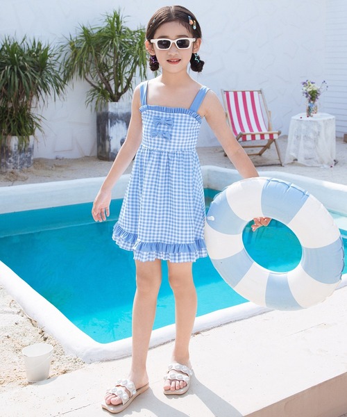 キッズ水着 ギンガムチェック胸リボンワンピ風ビキニ 上下2点セット