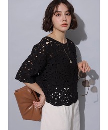 Arpege story エンブロイダリー半袖ブラウス黒新品