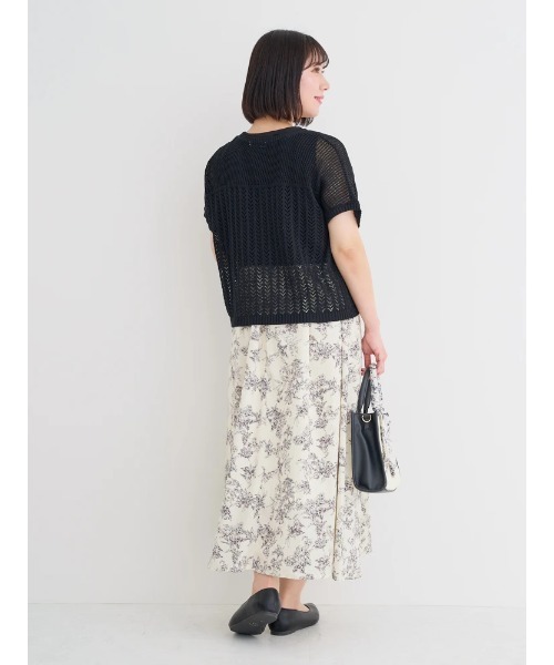 セール】【大きいサイズ】[SET]透かし編みニットトップス×花柄