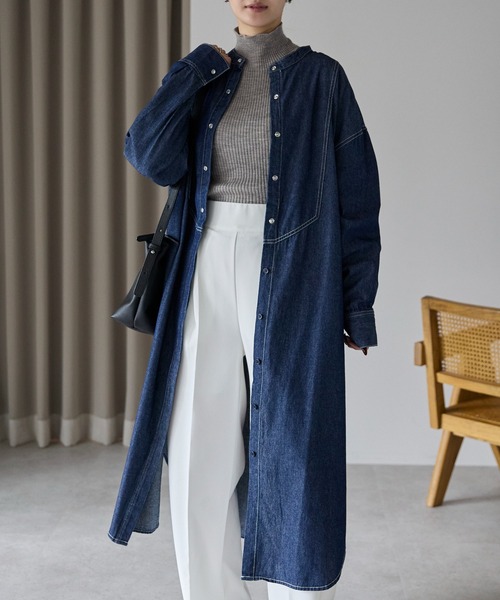 PREFERIR(プレフェリール)の「デニム バンドカラーシャツワンピース(シャツワンピース・レディース・ネイビー/ブルー・MEDIUM/LARGE)」の1枚目の写真