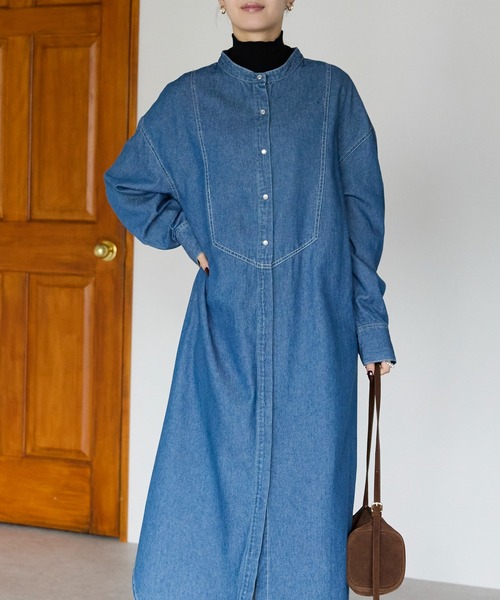 PREFERIR(プレフェリール)の「デニム バンドカラーシャツワンピース(シャツワンピース・レディース・ネイビー/ブルー・MEDIUM/LARGE)」の2枚目の写真