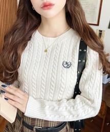 刺繍入りケーブルショート丈ニットプルオーバー〈手洗い可能〉