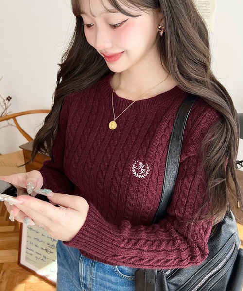 moment+(モーメントプラス)の「刺繍入りケーブルショート丈ニットプルオーバー〈手洗い可能〉(ニット/セーター・レディース・ブラック/アイボリー/ネイビー/グレー/ボルドー・M/L)」の11枚目の写真