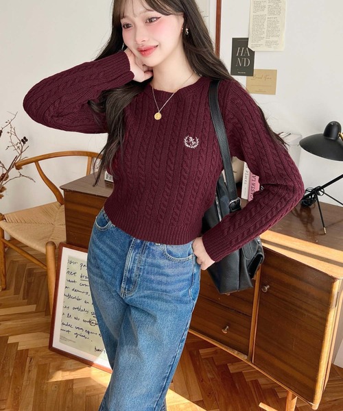 moment+(モーメントプラス)の「刺繍入りケーブルショート丈ニットプルオーバー〈手洗い可能〉(ニット/セーター・レディース・ブラック/アイボリー/ネイビー/グレー/ボルドー・M/L)」の12枚目の写真