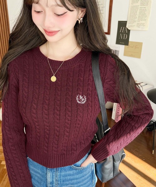 moment+(モーメントプラス)の「刺繍入りケーブルショート丈ニットプルオーバー〈手洗い可能〉(ニット/セーター・レディース・ブラック/アイボリー/ネイビー/グレー/ボルドー・M/L)」の14枚目の写真