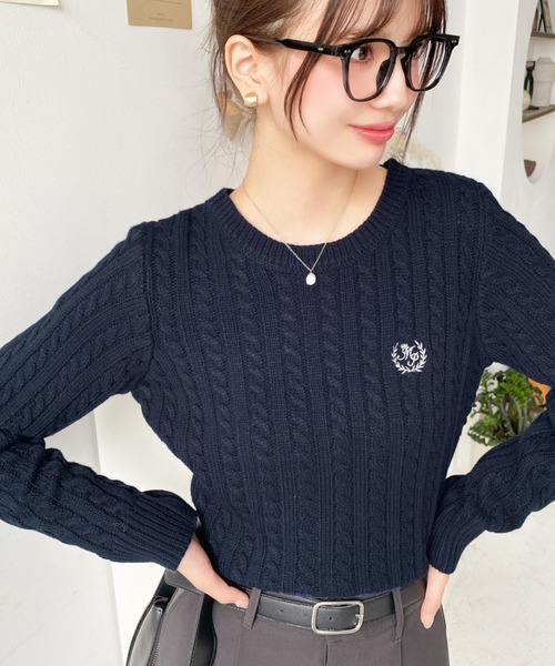 セール】刺繍入りケーブルショート丈ニットプルオーバー（ニット