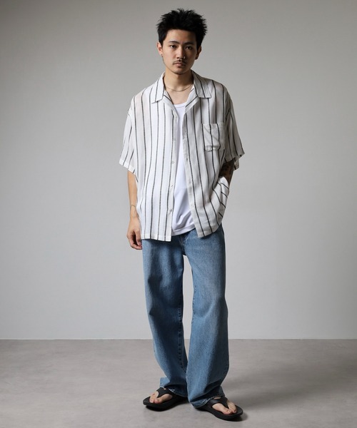 many men many mind(メニーメンメニーマインド)の「MANYMENMANYMINDS カラミストライプ開襟シャツ/シアー(シャツ/ブラウス・メンズ・ネイビー/ベージュ/ホワイト・L/M)」の19枚目の写真
