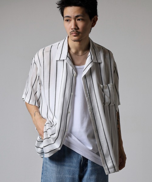 many men many mind(メニーメンメニーマインド)の「MANYMENMANYMINDS カラミストライプ開襟シャツ/シアー(シャツ/ブラウス・メンズ・ネイビー/ベージュ/ホワイト・L/M)」の16枚目の写真
