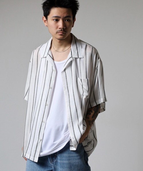many men many mind(メニーメンメニーマインド)の「MANYMENMANYMINDS カラミストライプ開襟シャツ/シアー(シャツ/ブラウス・メンズ・ネイビー/ベージュ/ホワイト・L/M)」の17枚目の写真