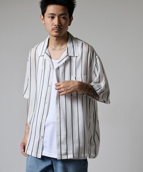 many men many mind(メニーメンメニーマインド)の「MANYMENMANYMINDS カラミストライプ開襟シャツ/シアー(シャツ/ブラウス・メンズ・ネイビー/ベージュ/ホワイト・L/M)」の18枚目の写真