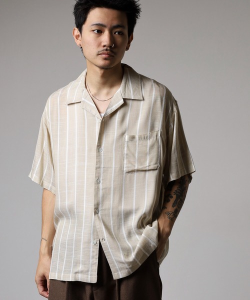 many men many mind(メニーメンメニーマインド)の「MANYMENMANYMINDS カラミストライプ開襟シャツ/シアー(シャツ/ブラウス・メンズ・ネイビー/ベージュ/ホワイト・L/M)」の20枚目の写真