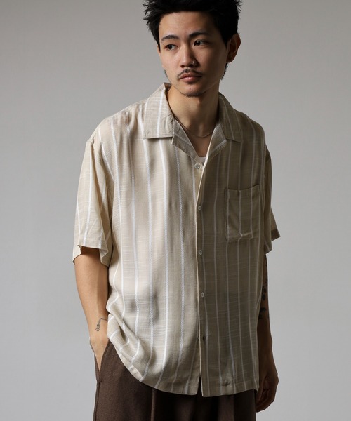 many men many mind(メニーメンメニーマインド)の「MANYMENMANYMINDS カラミストライプ開襟シャツ/シアー(シャツ/ブラウス・メンズ・ネイビー/ベージュ/ホワイト・L/M)」の21枚目の写真