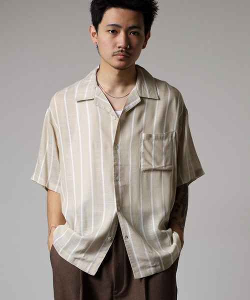 many men many mind(メニーメンメニーマインド)の「MANYMENMANYMINDS カラミストライプ開襟シャツ/シアー(シャツ/ブラウス・メンズ・ネイビー/ベージュ/ホワイト・L/M)」の22枚目の写真