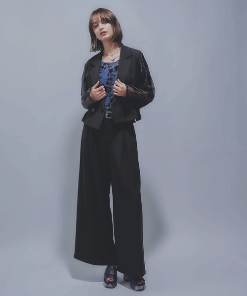 HARE（ハレ）の「タックプリーツシアージャケット＊ワイドパンツ(HARE)（セットアップ・レディース・ブラック/チェック・FREE）」の3枚目の写真